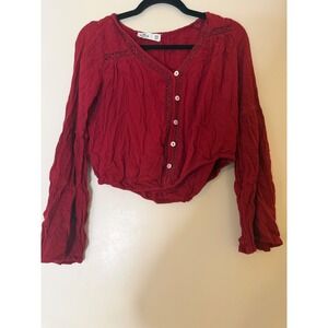 Hollister California Red Lace Trim Cropped Bell Sleeve Blouse Shirt XS
